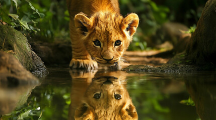 Lion Cub Gazing at Its Reflection of a Majestic Adult Lion in the Water-
