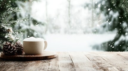 A snowy wooden table scene featuring a steaming hot beverage in a cup, surrounded by snow, pine cones, and evergreen branches, creating a cozy winter ambiance.
