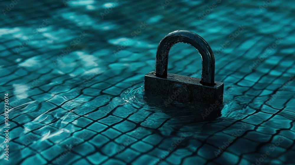 Poster a rusted padlock submerged in a pool, creating ripples on the water's surface.