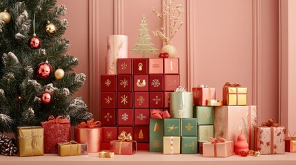 Festive christmas scene with decorated tree and colorful gift boxes for holiday celebration