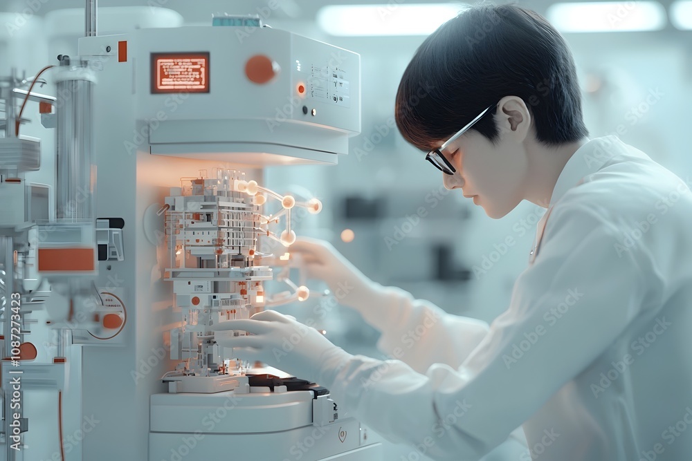 Poster skilled biotech professional programming advanced robotic cell cultivator in serene clinical laborat