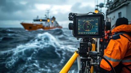 An underwater camera investigates the vibrant seafloor, sending vital data back to the research vessel for ongoing analysis.