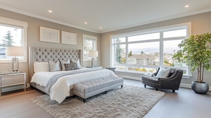 A modern bedroom featuring a tufted bed, large windows, and cozy decor.