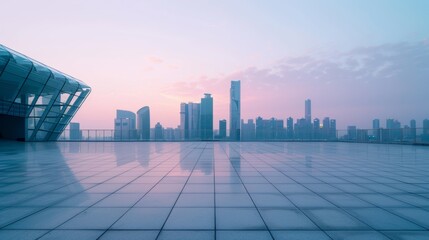 Empty square floor with city skyline background, City skyline with a touch of whimsy, playful urban scene with unexpected elements