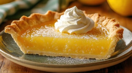 National Lemon Cream Pie Day Delicious lemon pie with whipped cream and powdered sugar garnish on rustic plate