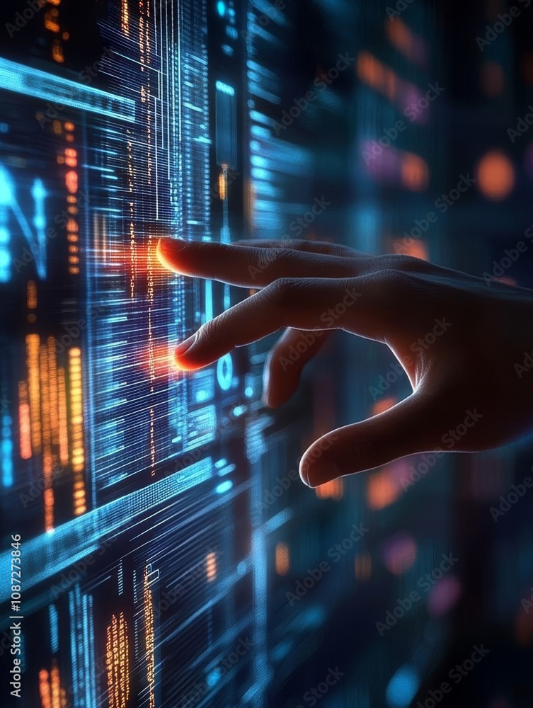 Poster the image shows a closeup of a hand interacting with a glowing digital interface, highlighting advan