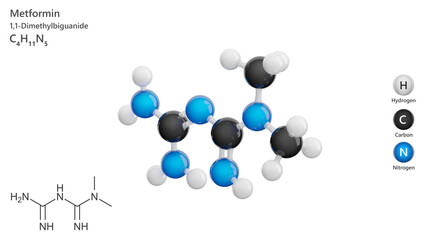 Molecule: Metformin. Antidiabetic medication. Molecular structure. Formula: C4H11N5. Chemical model: Ball and stick. White background. 3D illustration.