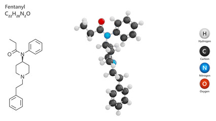 Molecule: Fentanyl. Drug. Opioid analgesic. Molecular structure. Formula: C22H28N2O. Chemical model: Ball and stick. White background. 3D illustration.