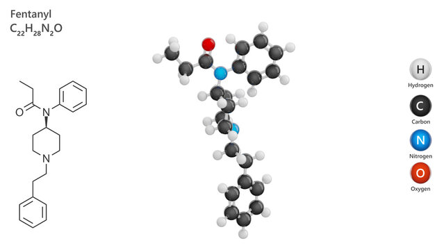 Molecule: Fentanyl. Drug. Opioid analgesic. Molecular structure. Formula: C22H28N2O. Chemical model: Ball and stick. White background. 3D illustration.
