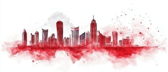 Bahrain National Day Vibrant red watercolor cityscape skyline with modern urban architecture