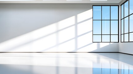 Obraz premium Minimalist 3D office space with light streaming through windows and smooth floor textures