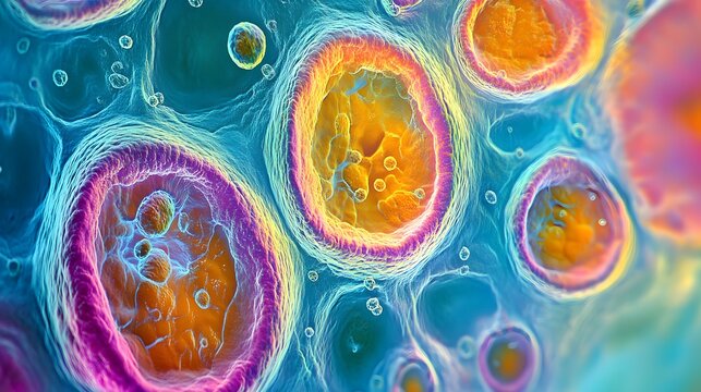 Close-up view of stem cells, vibrant colors, intricate details, under microscope