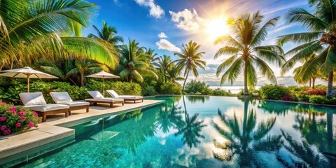 Fototapeta premium A serene poolside escape with lush palm trees swaying in the gentle breeze, casting reflections on the shimmering blue water, inviting relaxation and tranquility.