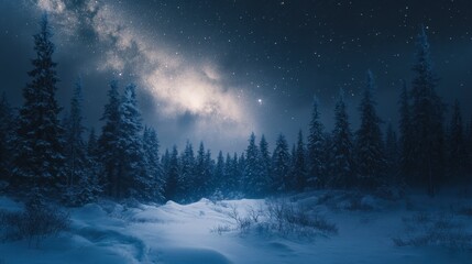 The night sky over a winter forest, with stars and the Milky Way galaxy casting a soft glow on the snow-covered ground.