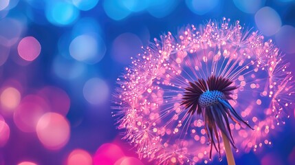Fototapeta premium Dandelion in the Dew, with Bokeh Lights