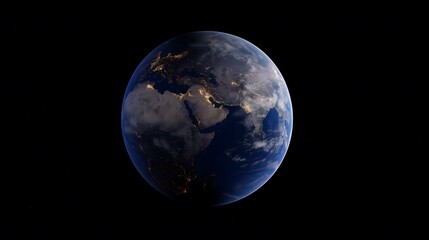Obraz premium Stunning view of Earth at night, showcasing city lights and cloud formations against the dark backdrop of space. A mesmerizing display of our planet's beauty.