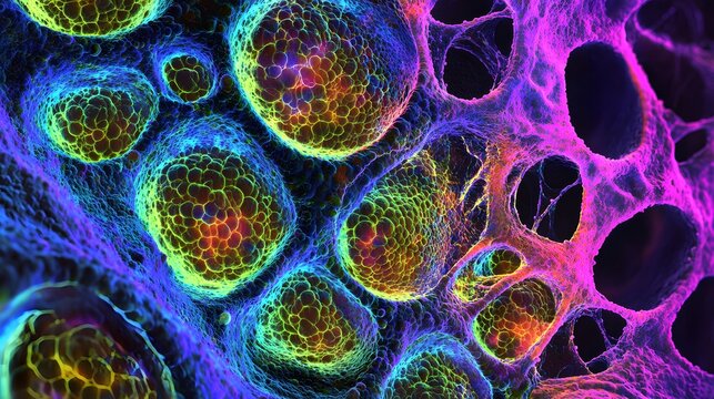 Glowing microscopic view of stem cells, intricate textures, vibrant color palette