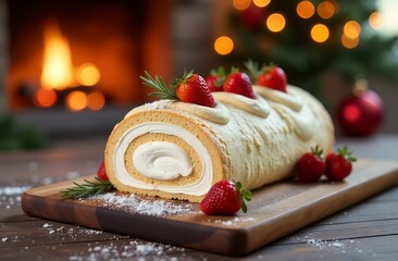 Vanilla Swiss roll with whipped cream and strawberries on a wooden board. Christmas dessert on the background of the fireplace.