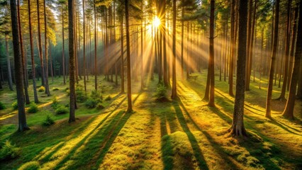 Obraz premium Golden Sunbeams Pierce Through a Dense Forest Canopy, Illuminating the Lush Undergrowth with Warm Light