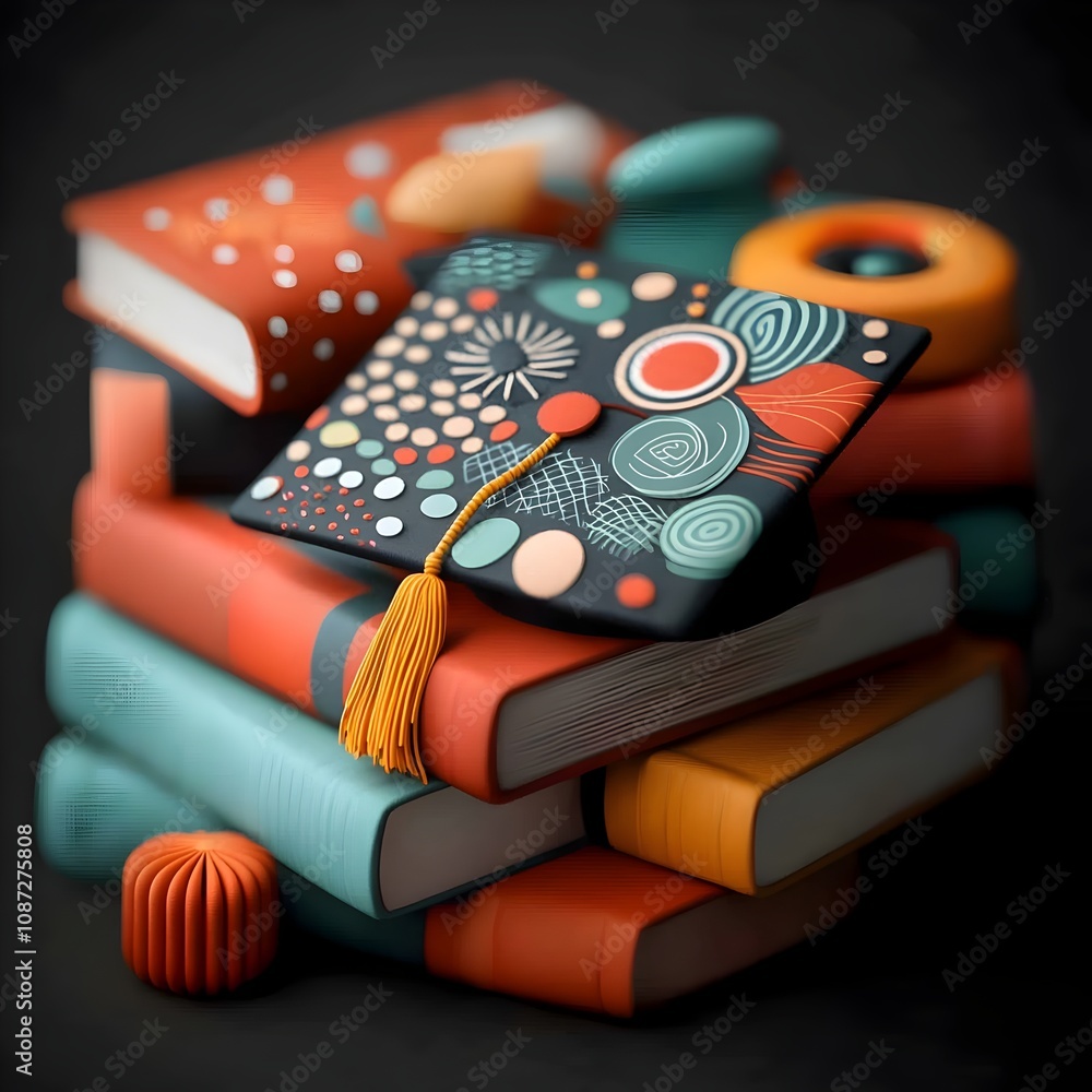 Poster vibrant kaleidoscopic close up of a graduation cap adorned with intricate patterns resting on a dive