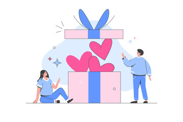 Valentines Day. Characters greeting each other and presenting romantic valentines hearts and gifts. Couple in love. Valentine's day surprise gift box with happy valentine's day greeting. Flat Cartoon 