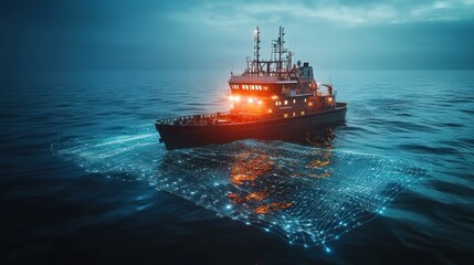 A research vessel communicates seafloor data with the mainland utilizing cutting-edge technological advancements during twilight hours.
