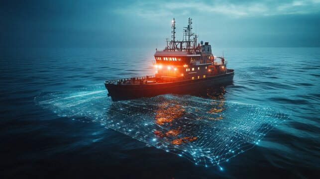 A research vessel communicates seafloor data with the mainland utilizing cutting-edge technological advancements during twilight hours.