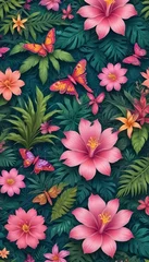 Selbstklebende Fototapeten Tropical exotic pattern with animal and flowers in bright colors and lush vegetation © Meditelle