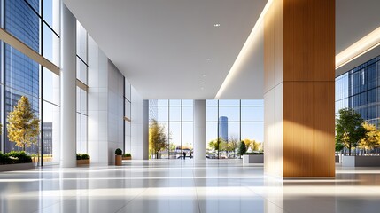 Fototapeta premium Business lounge with high ceilings, reflective tiles, and light streaming through large windows