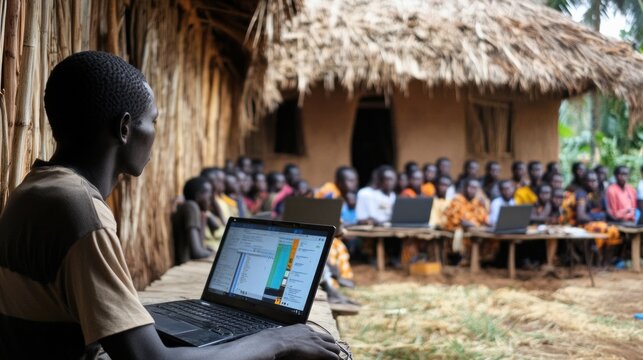 A group of villagers gathers to learn fundamental programming skills using laptops, guided by volunteers in an outdoor setting.