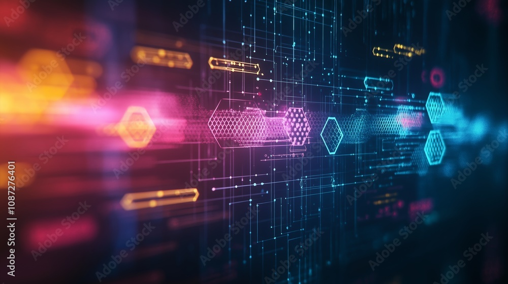 Poster beautiful abstract tech background on the theme of modern technology development. bright neon colors