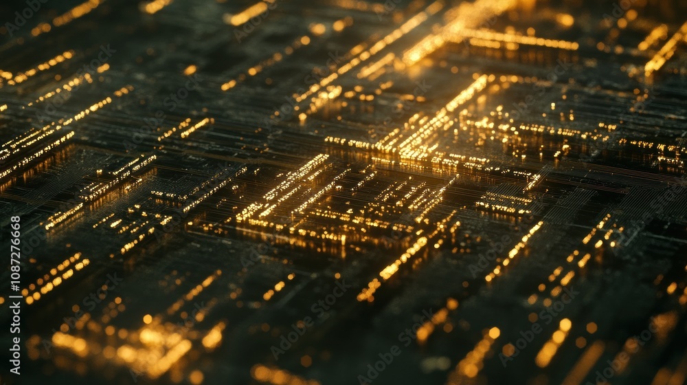 Poster a close-up view of a circuit board with glowing pathways, representing technology and innovation.
