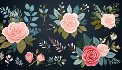 Beautiful romantic flower collection with roses, leaves, floral bouquets, flower compositions