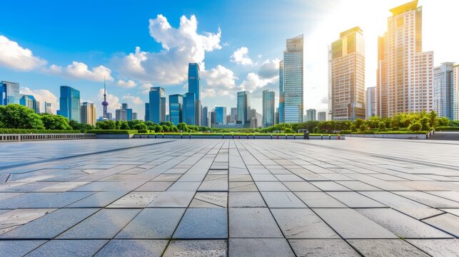 Empty square floor with city skyline background, Cityscape with a touch of nostalgia, vintage-inspired urban charm evoking memories of yesteryears