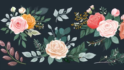Gordijnen Beautiful romantic flower collection with roses, leaves, floral bouquets, flower compositions © Rendy Dastian