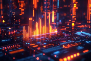 Obraz premium Futuristic digital landscape with glowing orange and blue data visualizations.