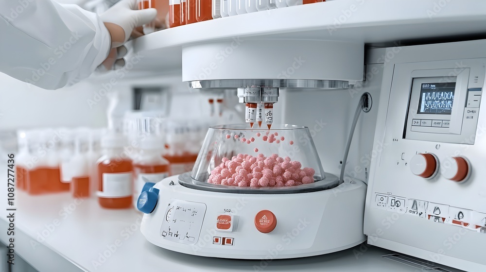 Poster biotech lab technician utilizing high speed centrifuge to isolate cellular components in a sterile c