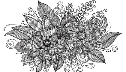 Fototapeta premium Intricate Black and White Floral Illustration with Lilies and Roses. generator AI