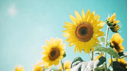 Obraz premium Bright sunflowers basking in sunlight against a blue sky.