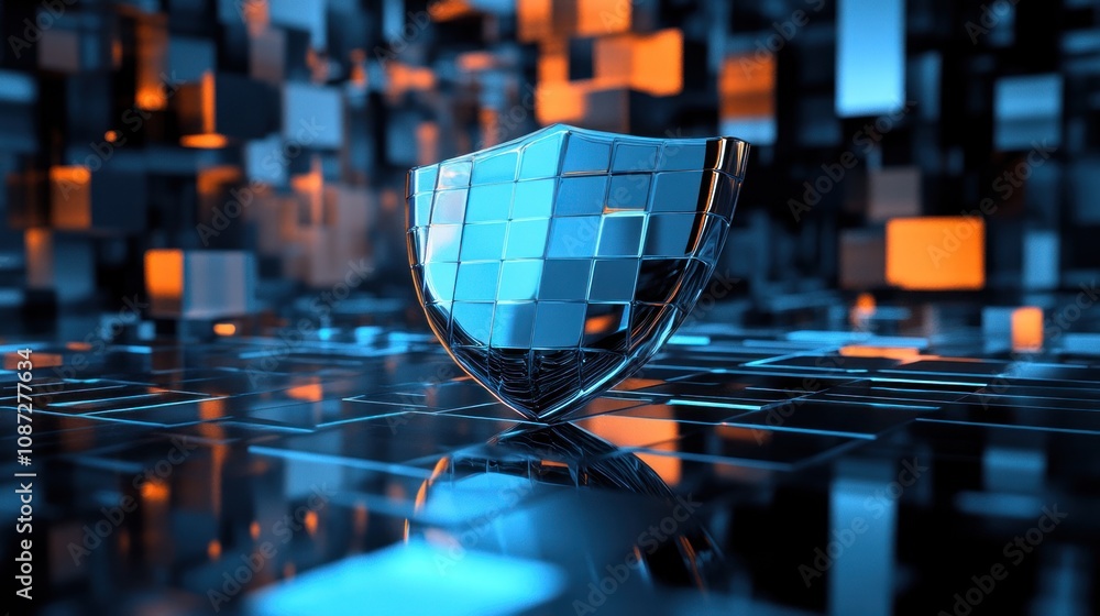 Poster a digital shield symbolizing cybersecurity amidst a futuristic background of cubes.