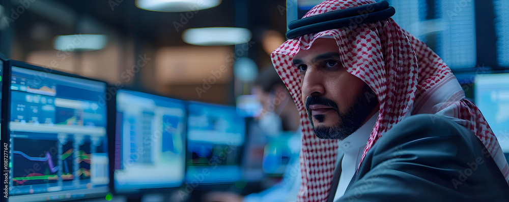 Poster focused businessman in traditional attire analyzes financial data on multiple computer screens at ni
