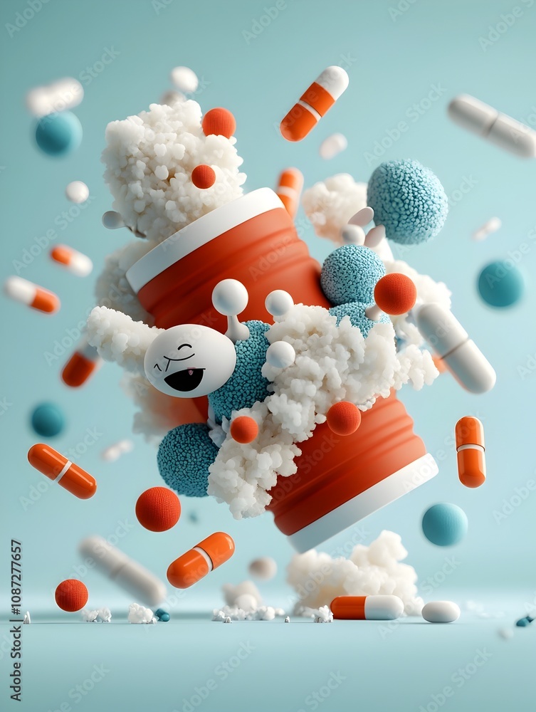 Poster a whimsical and imaginative 3d rendered that transforming the insulin molecule into a character with