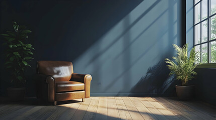 
Modern interior living room with leather armchair on wood flooring and dark blue wall- 3D rendering