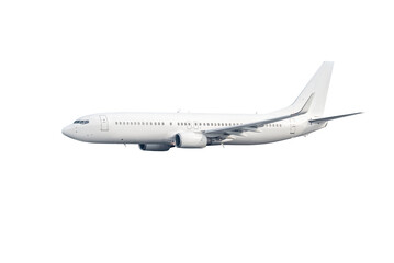 White modern passenger jetliner flying isolated