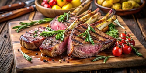 Fototapeta premium Grilled Lamb Chops with Rosemary and Cherry Tomatoes on a Wooden Cutting Board