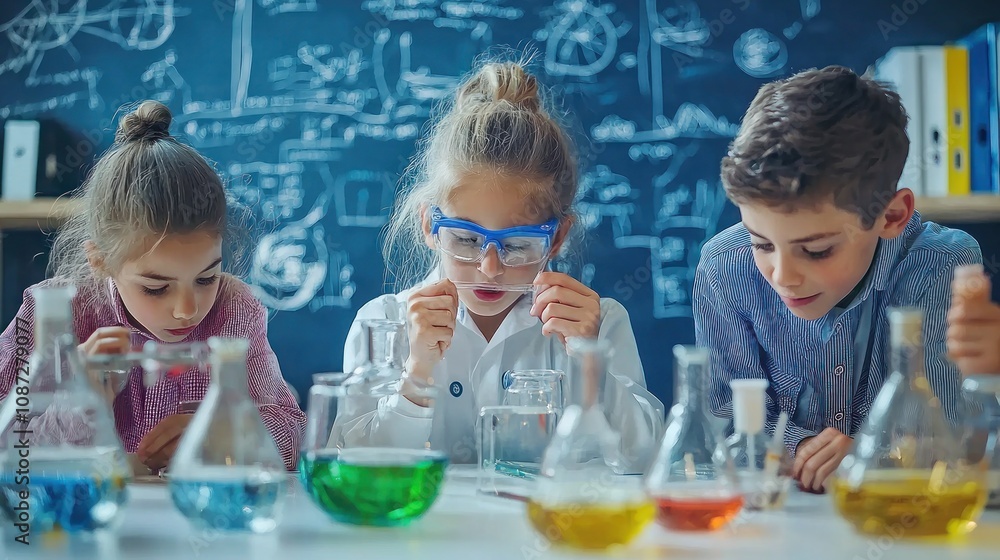 Poster a scene of students conducting experiments with different elements, learning about their unique char