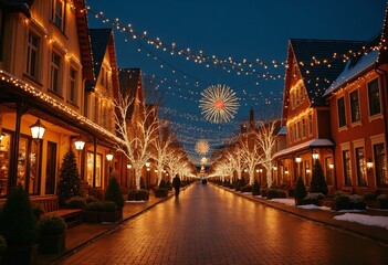 Fototapeta premium Beautifully lit street adorned with festive lights, creating warm and inviting atmosphere during holiday season