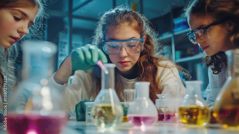 Aufkleber a scene of students conducting experiments with different elements, learning about their unique char
