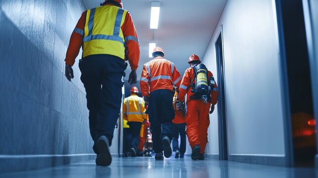 A scene of people using emergency exits during a drill, practicing safety protocols in case of a real-life emergency