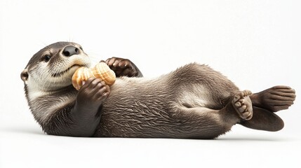 Fototapeta premium Playful Otter Floating on Its Back, Enjoying a Shell, Close-Up Photograph Capturing the Adorable Features and Curious Expression of This Aquatic Mammal